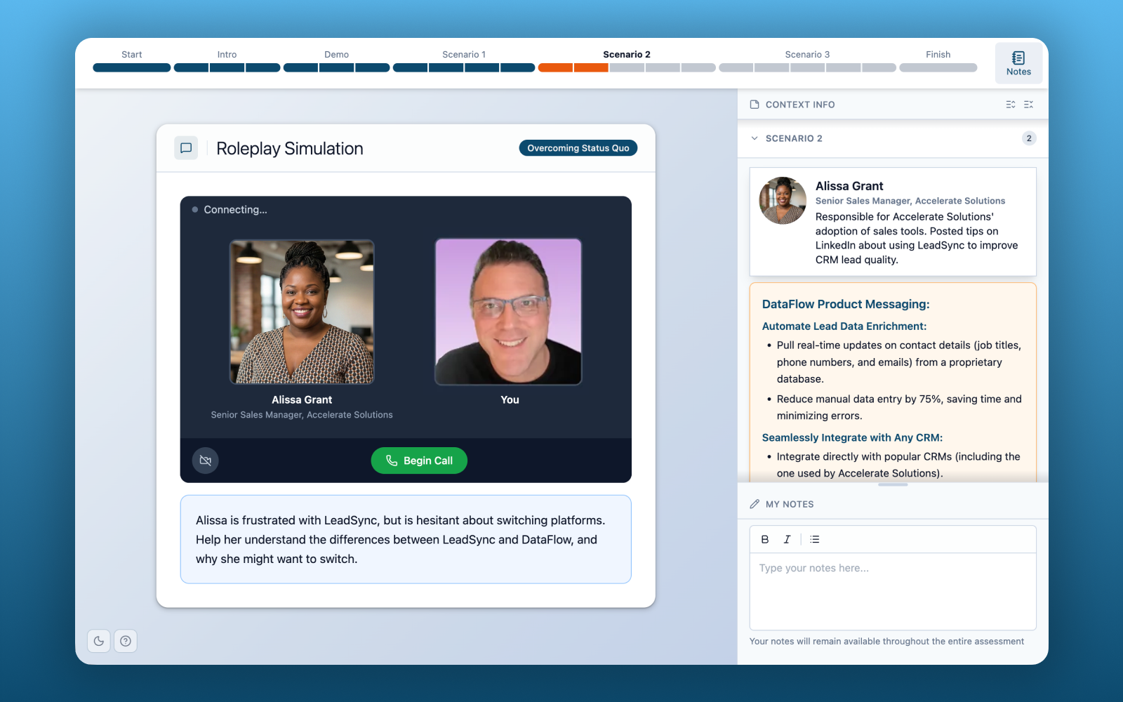 Skillcraft roleplay simulation interface showing a live conversation scenario with context panel and notes