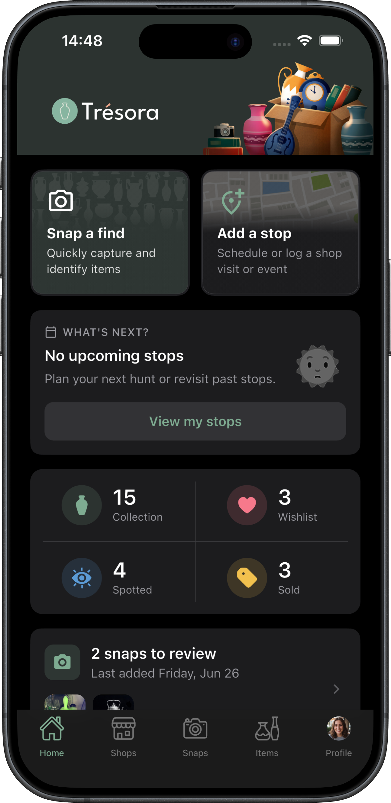 Trésora home screen in candlelit dark theme